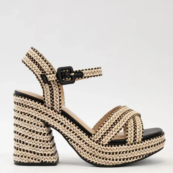 New Open Toe Raffia Espadrille Platform Sandals Mary-Jane Ankle Strap Block Heel - Picture 3 of 8